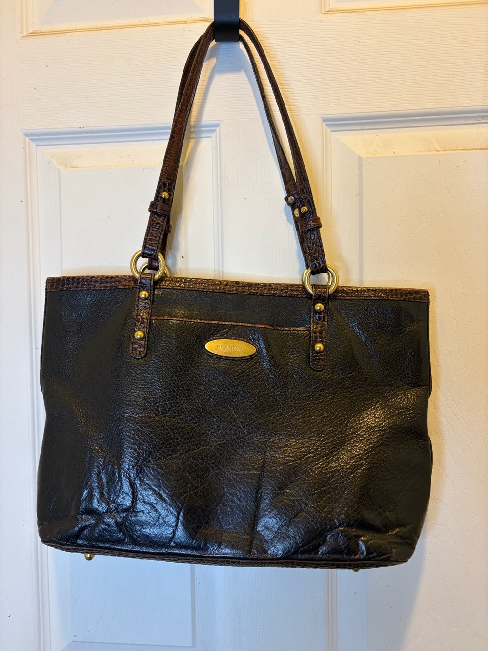 VTG Brahmin Arno Tuscan Black Leather Tote Bag with Brown Trim & Croc Bottom